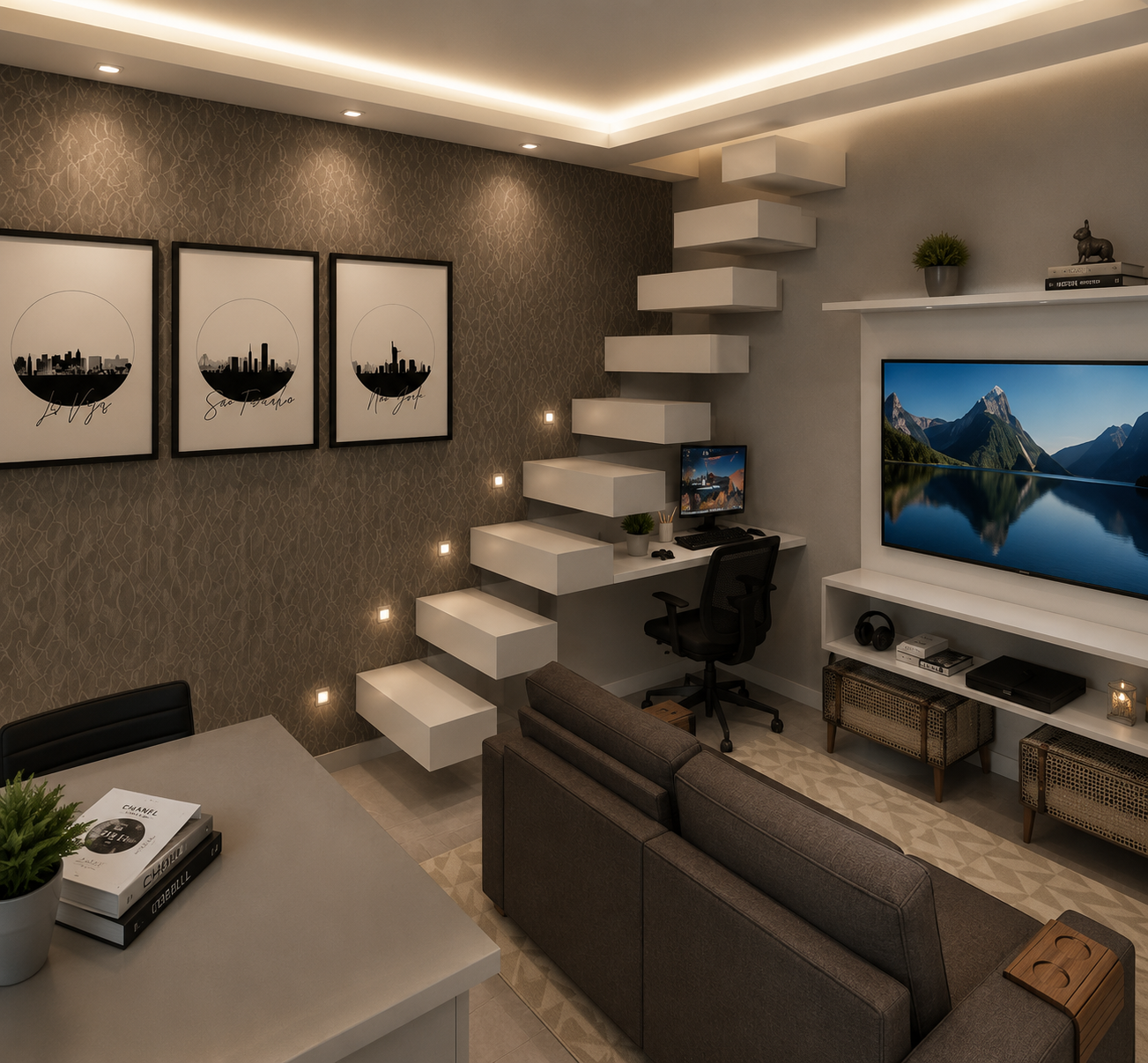 Projeto 3D de sala planejada com painel de televisão e escada.